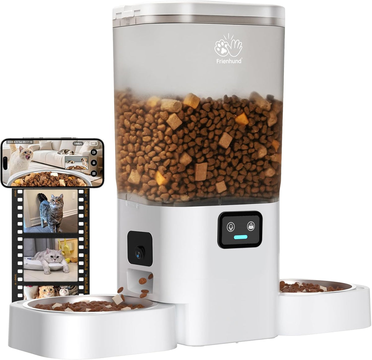 Automatic Cat Feeder with Two 1080P Camera for 2 Cats: 7L Automatic Dog Feeder with Night Vision & Slow Feed, 5G Wifi Auto Cat Food Dispenser for Multiple Pet,Detachable for Clean(Acf180W-C)