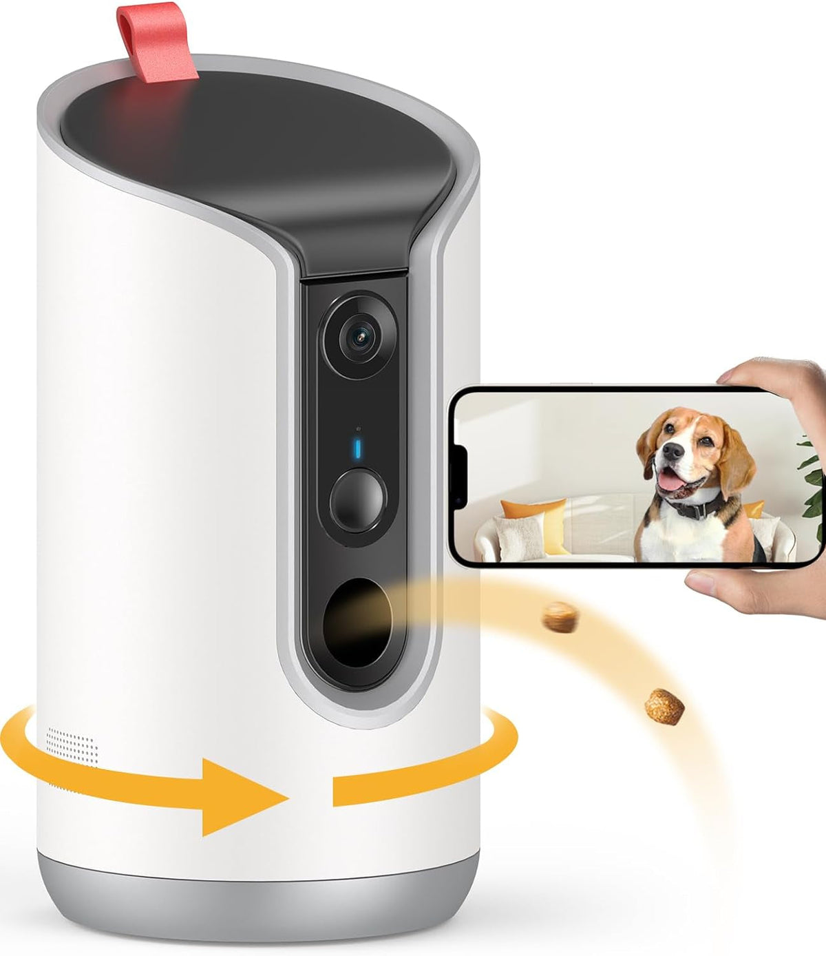 2K treat-tossing pet camera with 360° rotation and phone app
