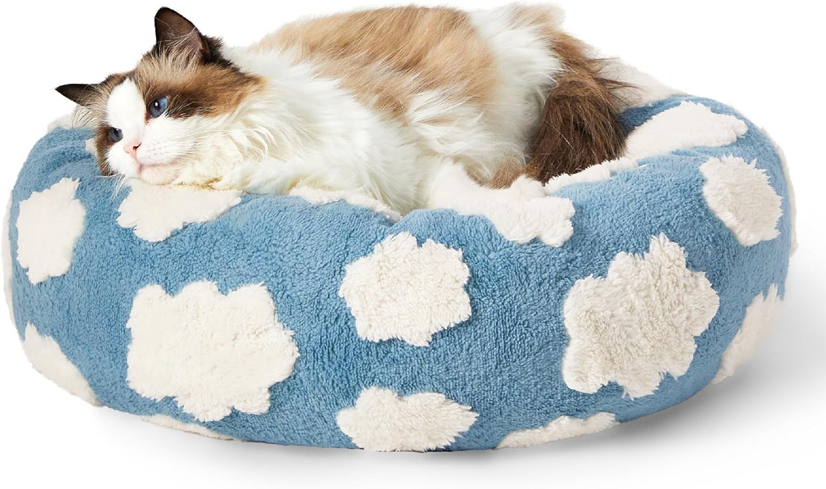 Donut Small Dog Bed - round Cat Beds for Indoor Cats Calming Pet Beds, Cute Modern Beds with Jacquard Shaggy Plush & anti Slip Bottom, 30 Inch, Blue,M (30X30X8)