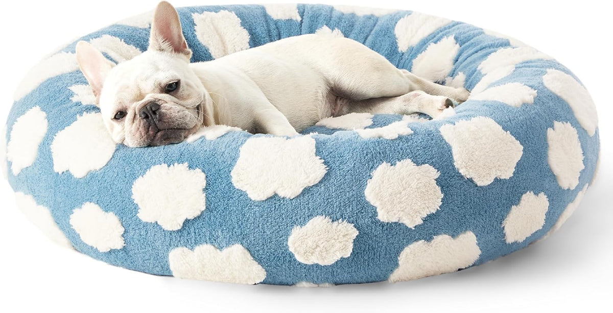 Donut Small Dog Bed - round Cat Beds for Indoor Cats Calming Pet Beds, Cute Modern Beds with Jacquard Shaggy Plush & anti Slip Bottom, 30 Inch, Blue,M (30X30X8)