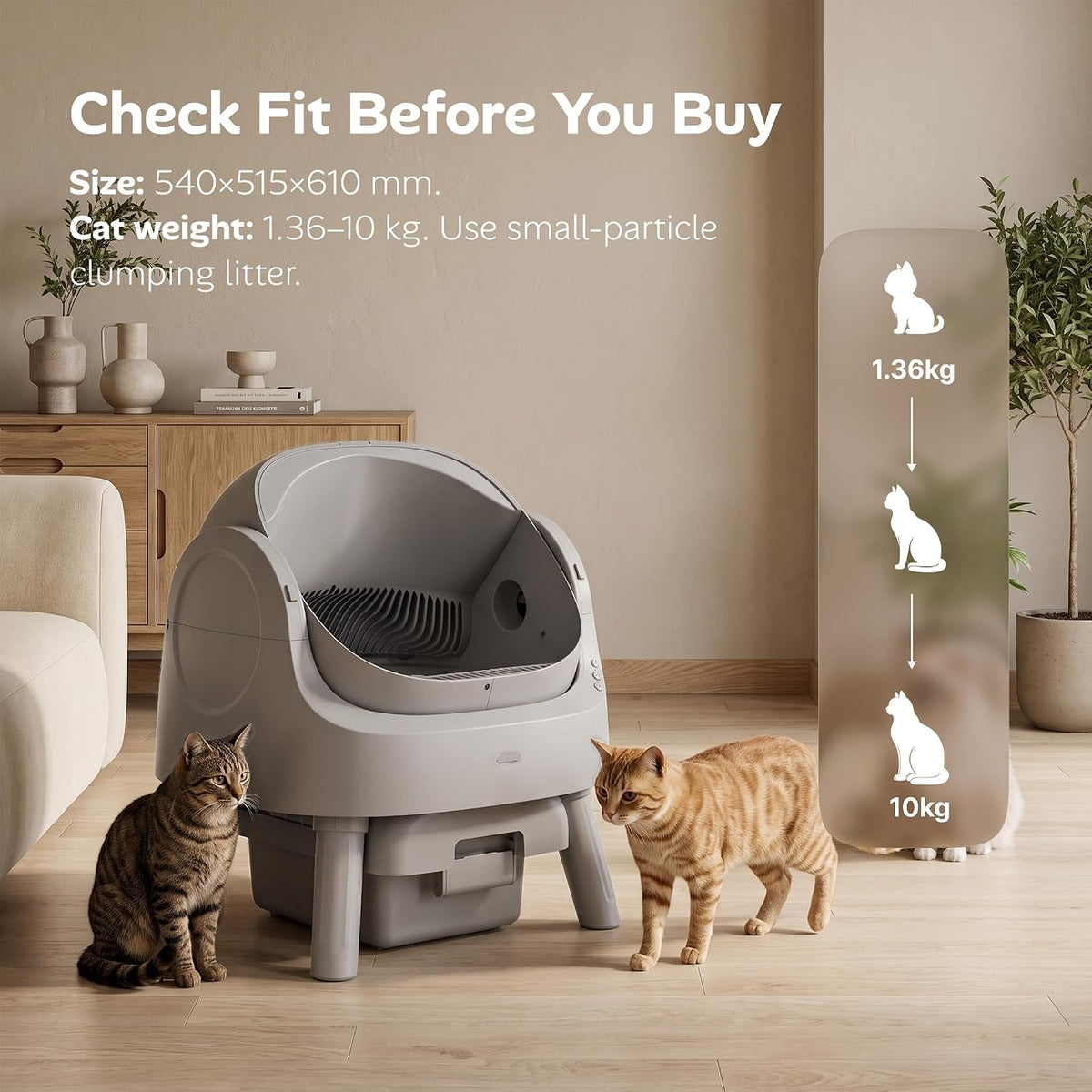 Automatic Self Cleaning Litter Box, with 4 Pairs Infrared Senor, Open-Top Design for Multi-Cat Homes, Comes with Liner Bags and Cat Litter Mat, Grey