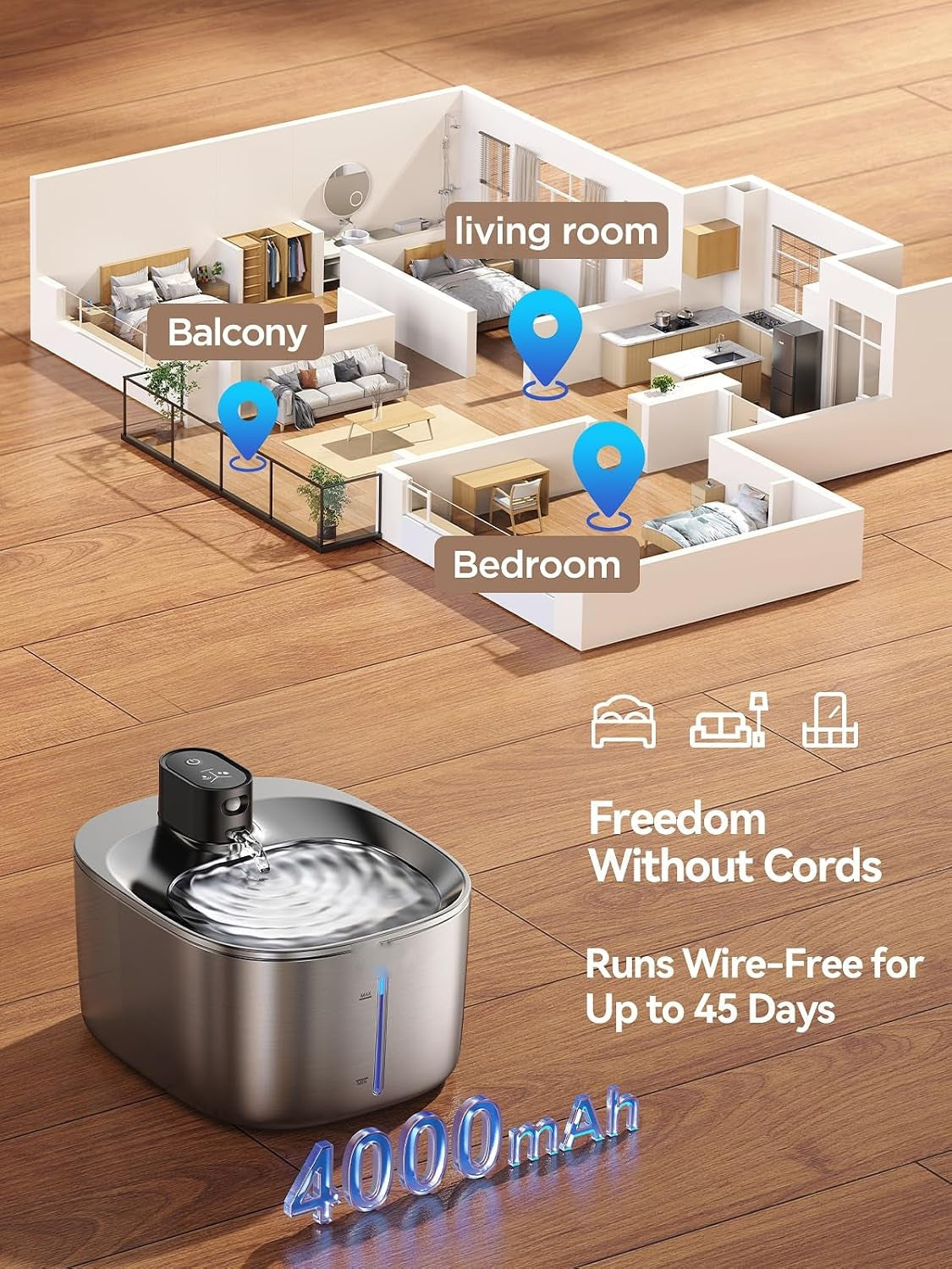 Cordless fountain can go in any room, 4000mAh battery