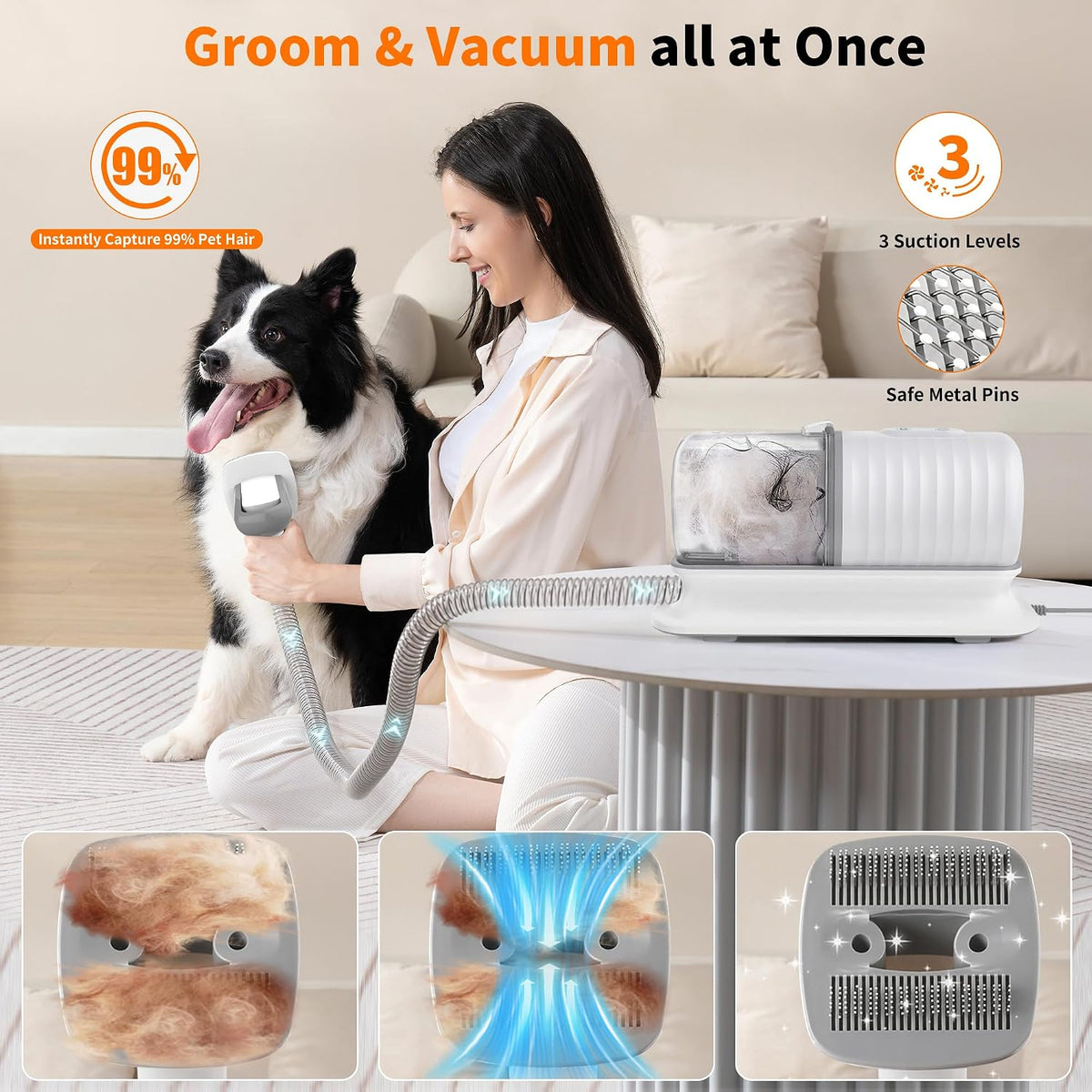 4-In-1 Dog Grooming Vacuum Kit for Pet Hair Shedding & Home Cleaning