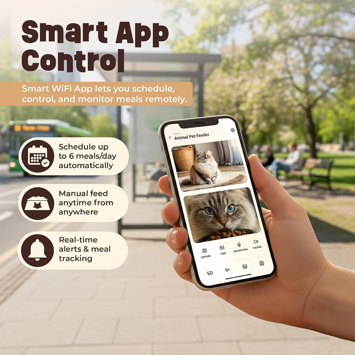 Feeder app on a phone: schedule meals, feed manually, get real-time alerts