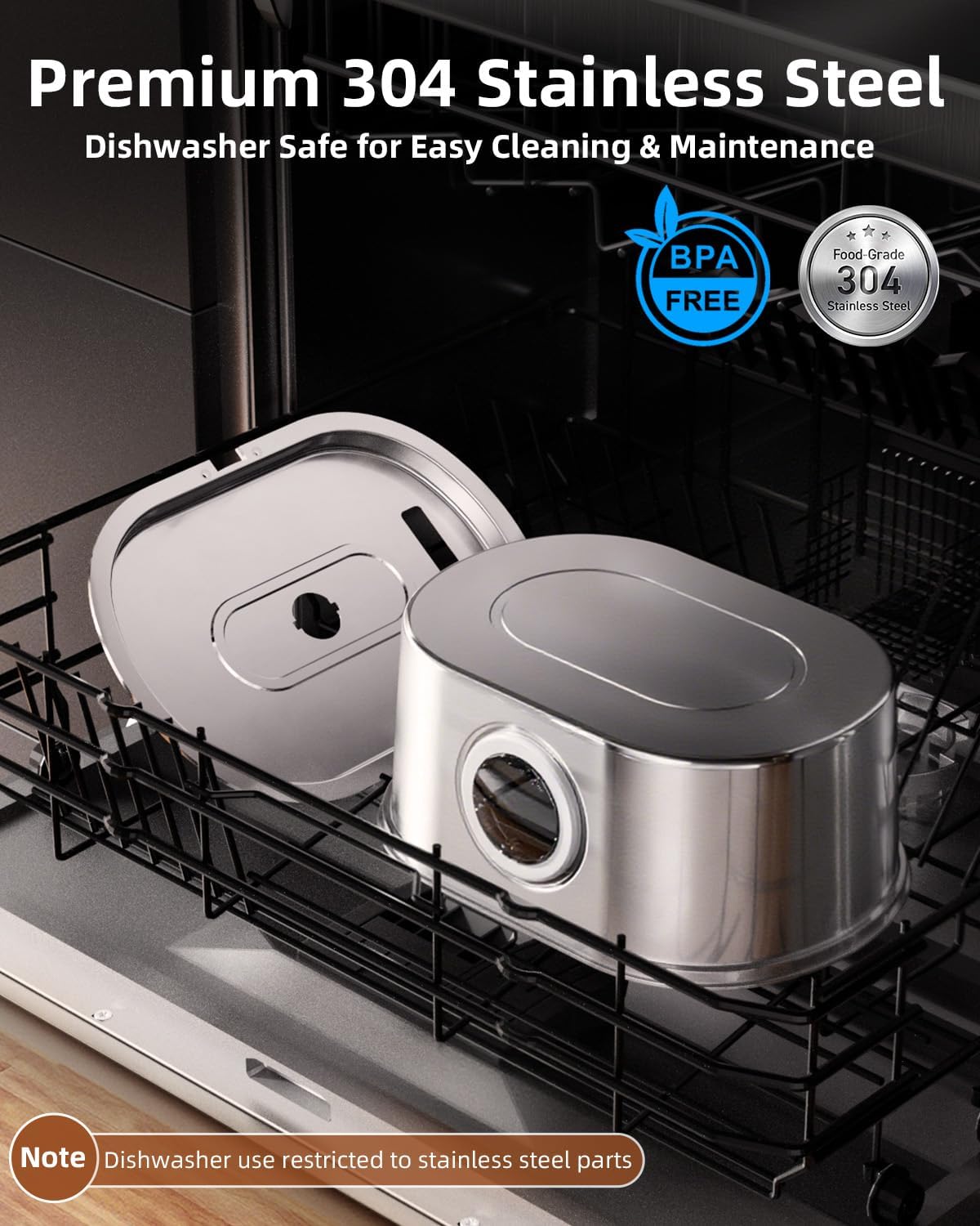 Stainless steel tank and tray in a dishwasher rack