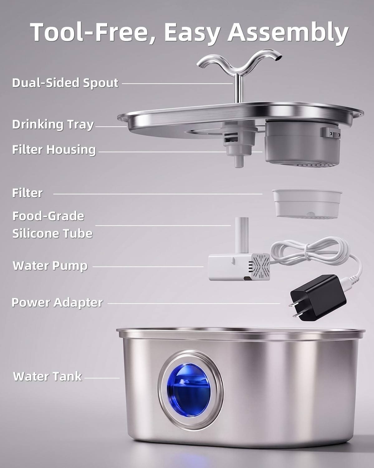 Fountain parts laid out for tool-free assembly, with US plug adapter