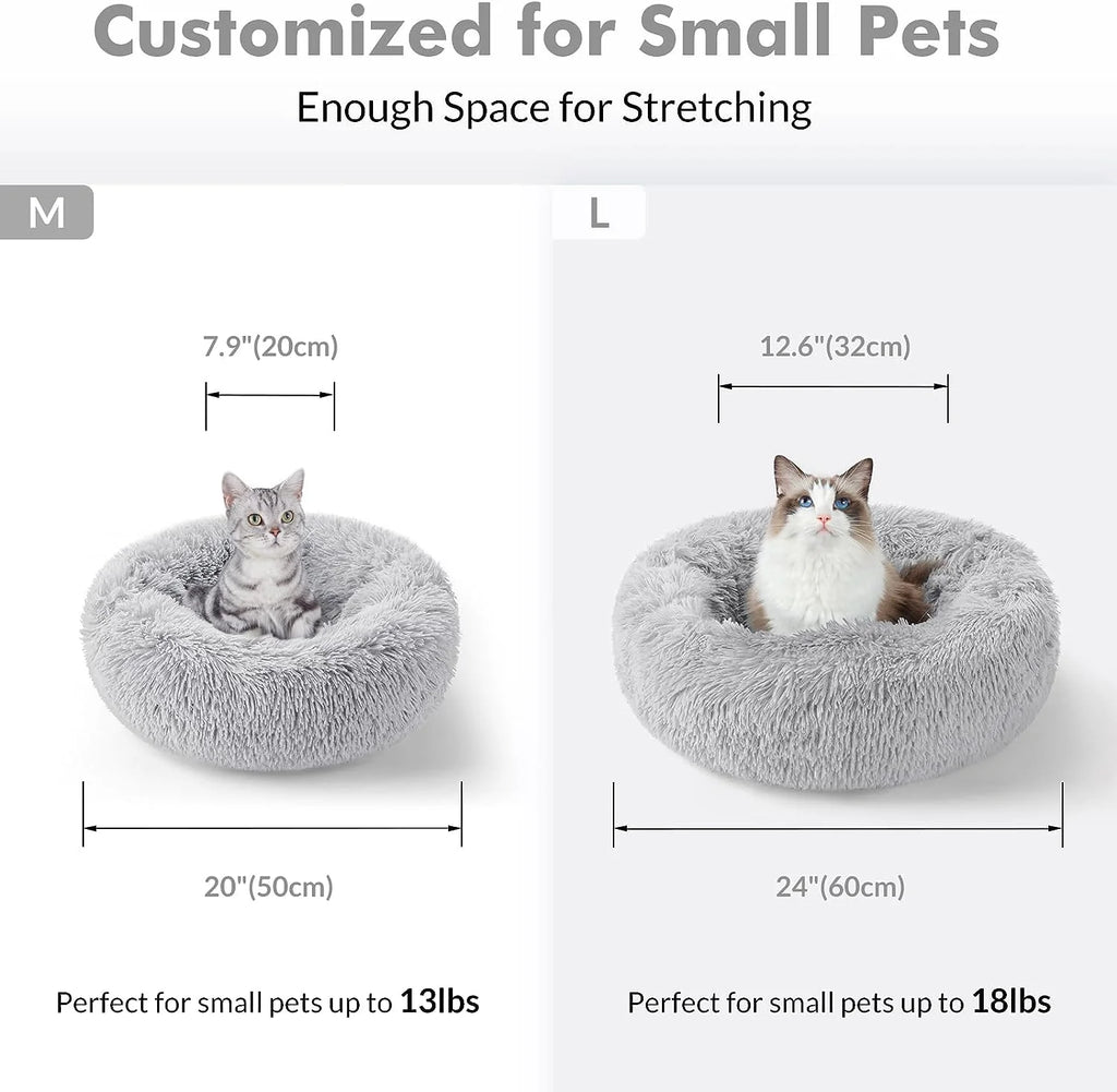 Cat Bed for Indoor Cats, Fluffy round Self Warming Calming Soft Plush Donut Cuddler Cushion Pet Bed for Small Dogs Kittens, 20 Inches