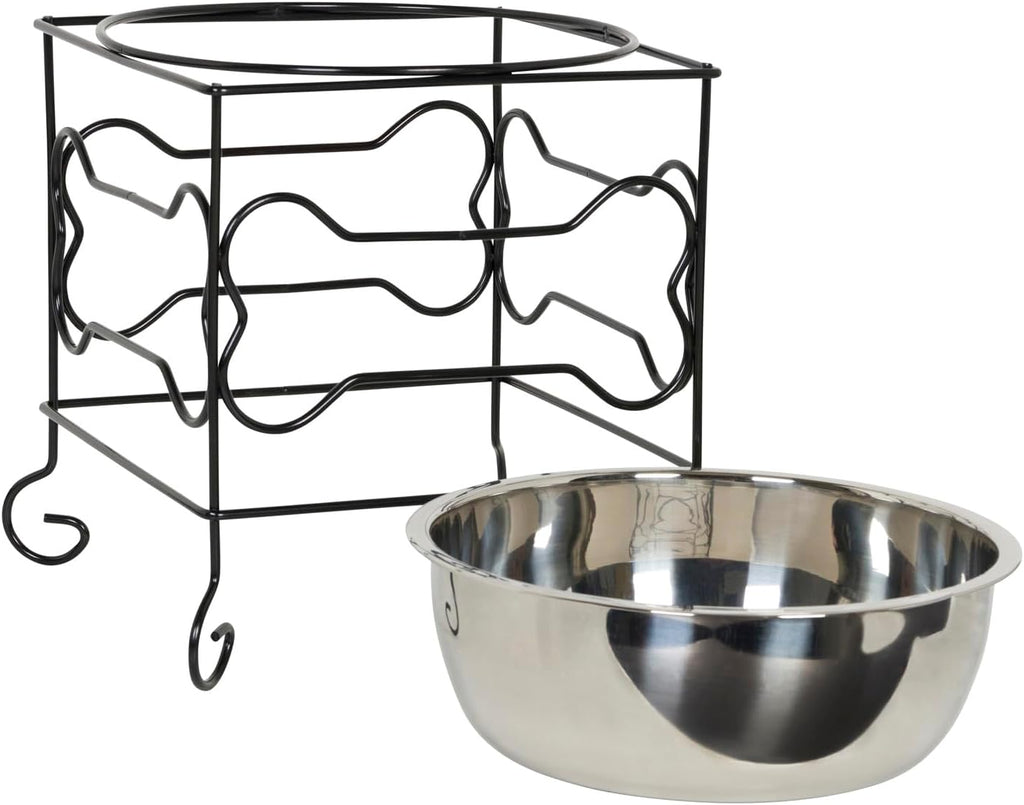 Elevated Stainless Steel Dog & Cat Bowl with Black Wrought Iron Stand, 10-Inch (10.75 Cups)