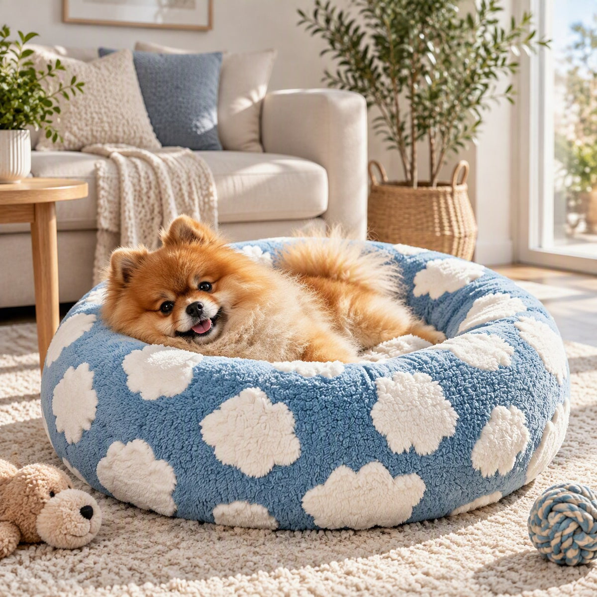 Pomeranian relaxing in the blue cloud-print Calming Donut Bed in a bright living room