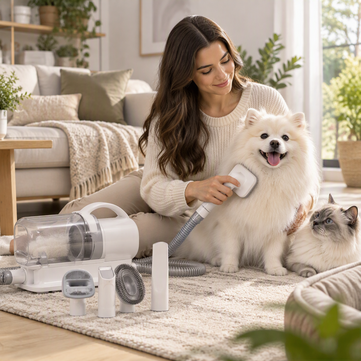 Woman grooming a small dog with a vacuum grooming brush in a sunny living room