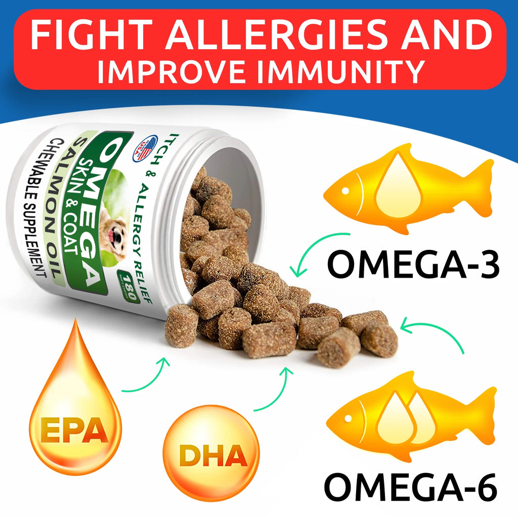 Omega 3 for Dogs - 180 Fish Oil Treats for Dog Shedding, Skin Allergy, Itch Relief, Hot Spots Treatment - Joint Health - Skin and Coat Supplement - EPA & DHA Fatty Acids - Salmon Oil