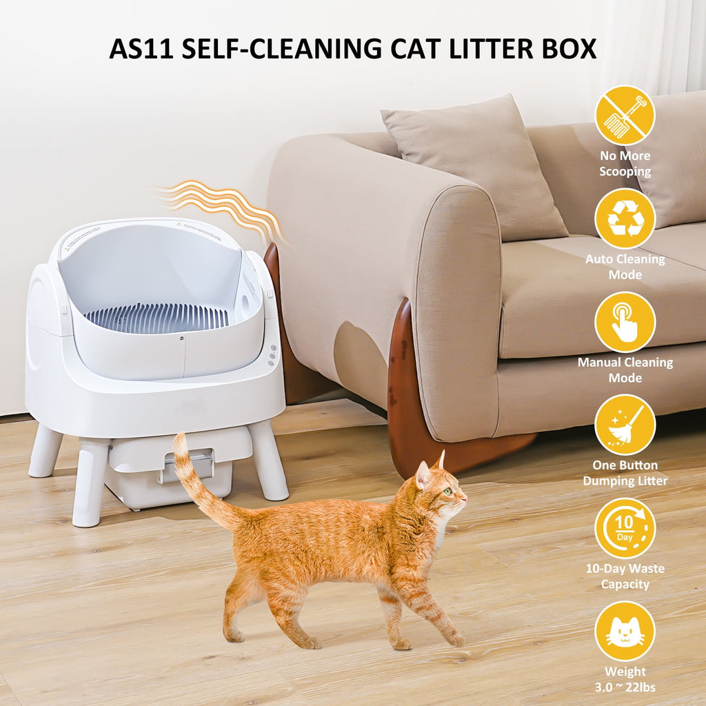 11 Self Cleaning Cat Litter Box, Open Top Automatic Cat Litter Box with Safety Protection, Includes Mat and Trash Bags, White (Manufactured by Petpivot)