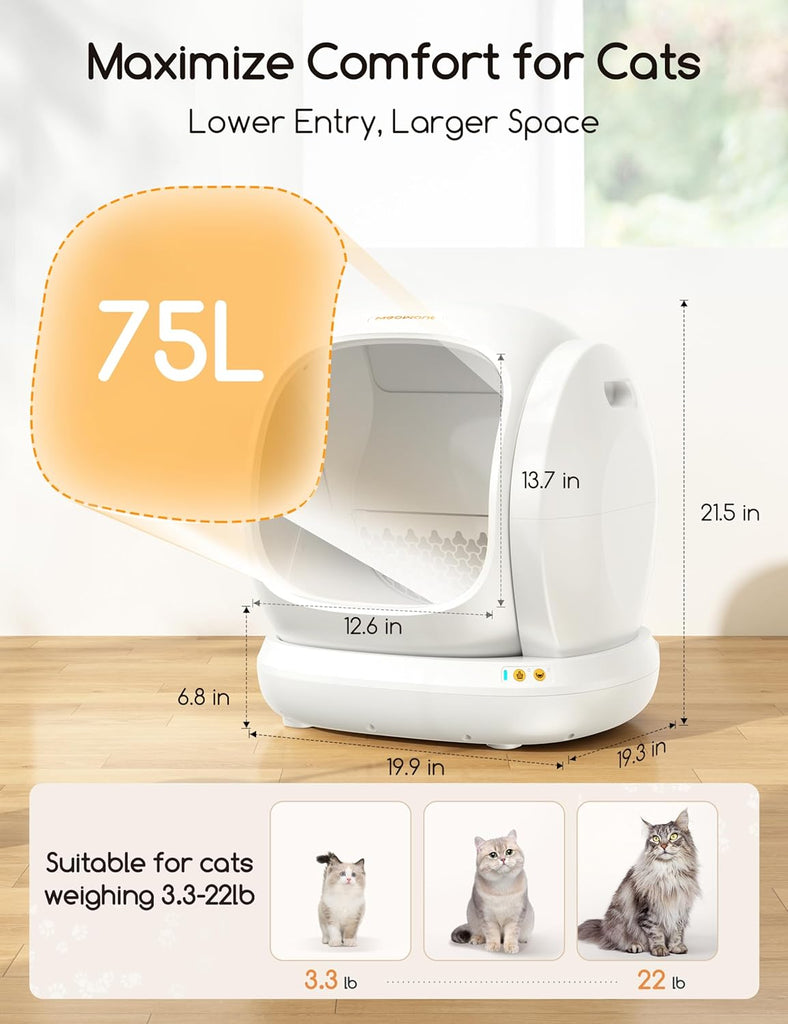Self-Cleaning Cat Litter Box, 75L Extra Large Open Automatic Cat Litter Box for Multi Cats, Integrated Safety Protection/App Control/Odor Removal Smart Litter Box with Mat & Liner