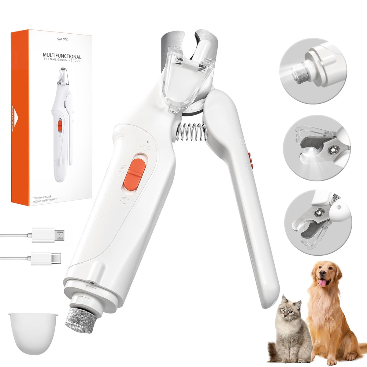 2-In-1 Dog Nail Grinder & Dog Nail Clippers Trimmers for Large Medium Small Dogs Cats Pets Claw Trimmer Quick Sensor and Safety Guard USB Rechargeable with 2 LED Lights (White)