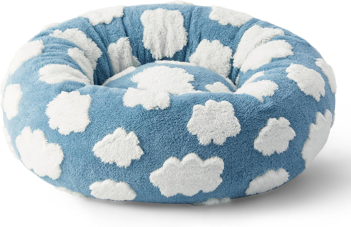 Donut Small Dog Bed - round Cat Beds for Indoor Cats Calming Pet Beds, Cute Modern Beds with Jacquard Shaggy Plush & anti Slip Bottom, 30 Inch, Blue,M (30X30X8)