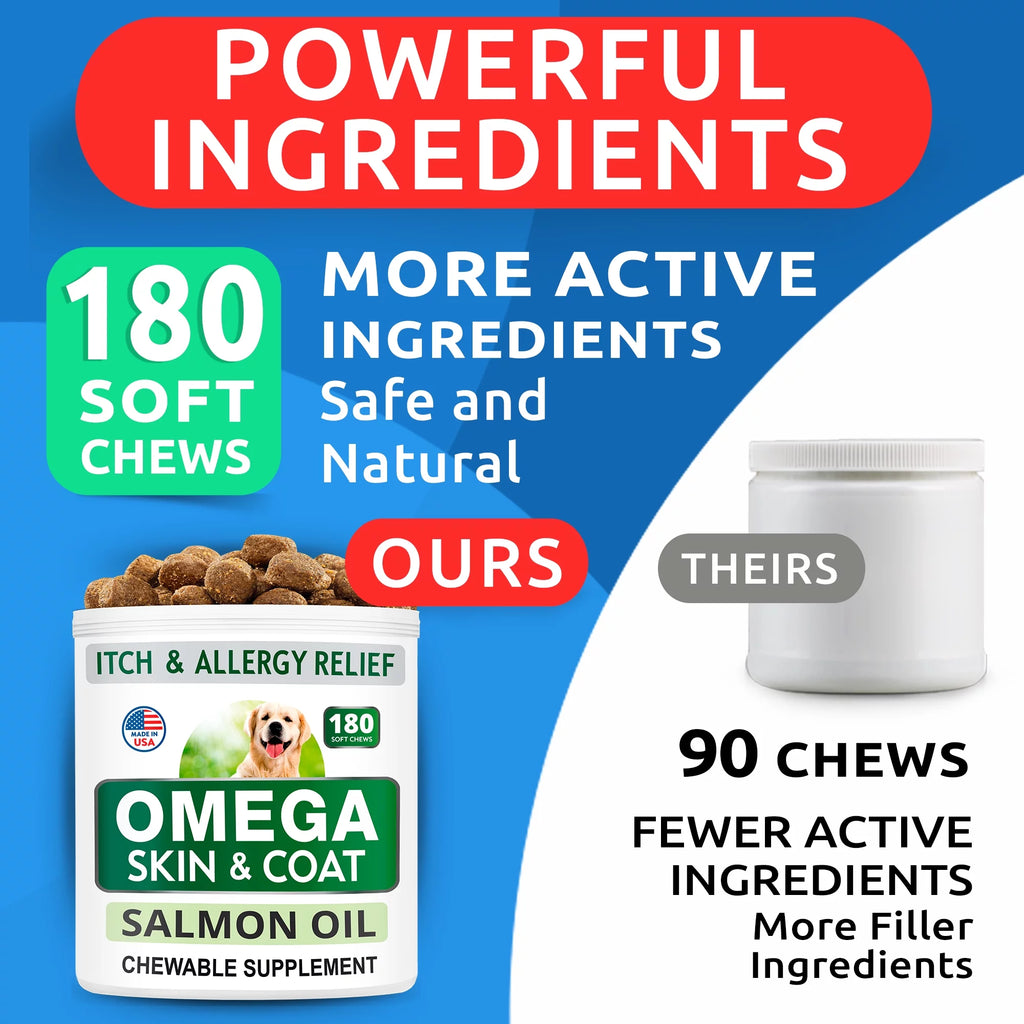 Omega 3 for Dogs - 180 Fish Oil Treats for Dog Shedding, Skin Allergy, Itch Relief, Hot Spots Treatment - Joint Health - Skin and Coat Supplement - EPA & DHA Fatty Acids - Salmon Oil