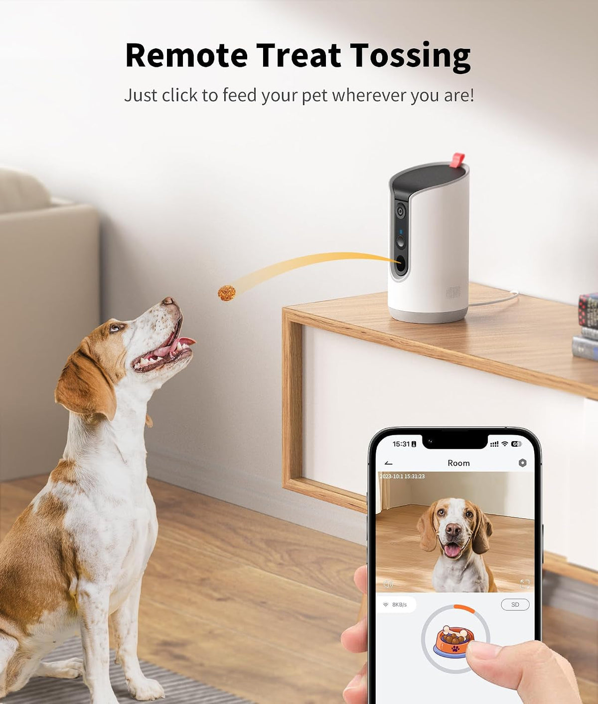 Dog catching a treat tossed remotely from the pet camera