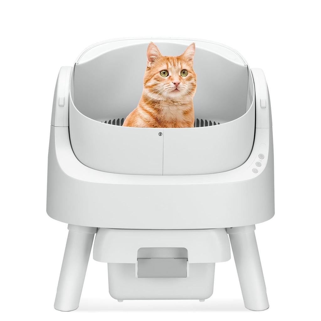 11 Self Cleaning Cat Litter Box, Open Top Automatic Cat Litter Box with Safety Protection, Includes Mat and Trash Bags, White (Manufactured by Petpivot)