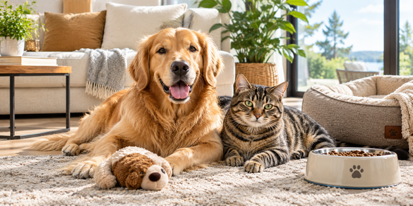 Golden retriever and tabby cat relaxing on a rug