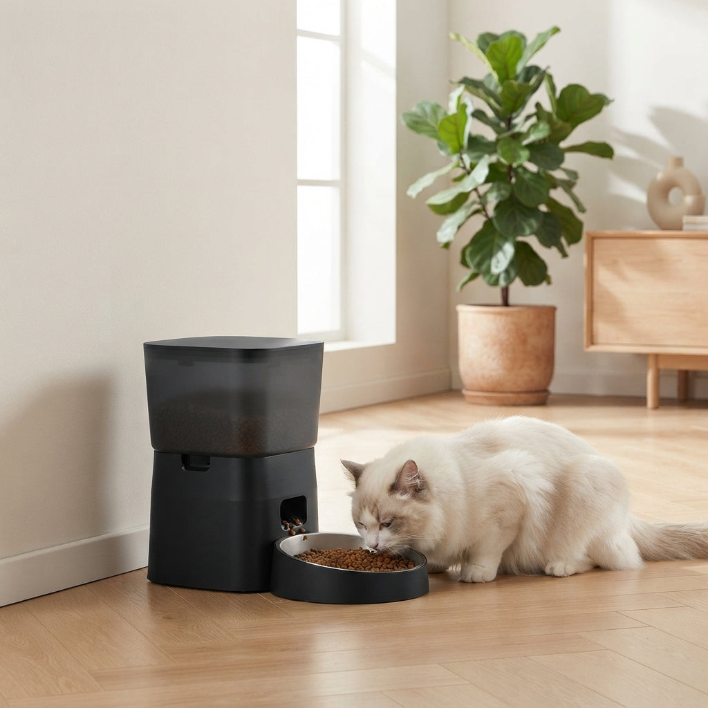 White cat eating from a smart camera feeder in a bright, modern room