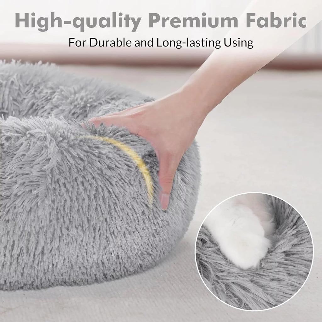 Cat Bed for Indoor Cats, Fluffy round Self Warming Calming Soft Plush Donut Cuddler Cushion Pet Bed for Small Dogs Kittens, 20 Inches