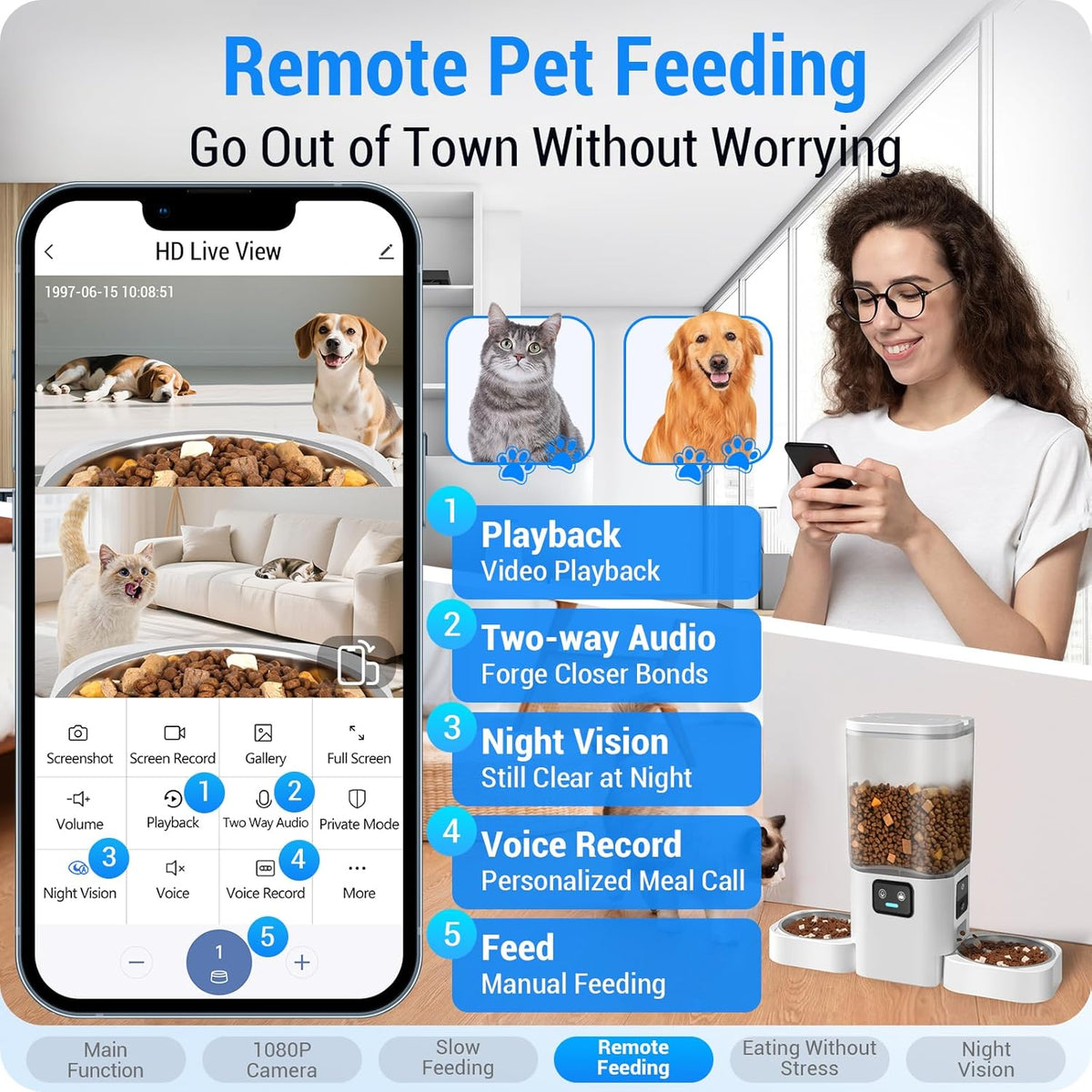 Automatic Cat Feeder with Two 1080P Camera for 2 Cats: 7L Automatic Dog Feeder with Night Vision & Slow Feed, 5G Wifi Auto Cat Food Dispenser for Multiple Pet,Detachable for Clean(Acf180W-C)