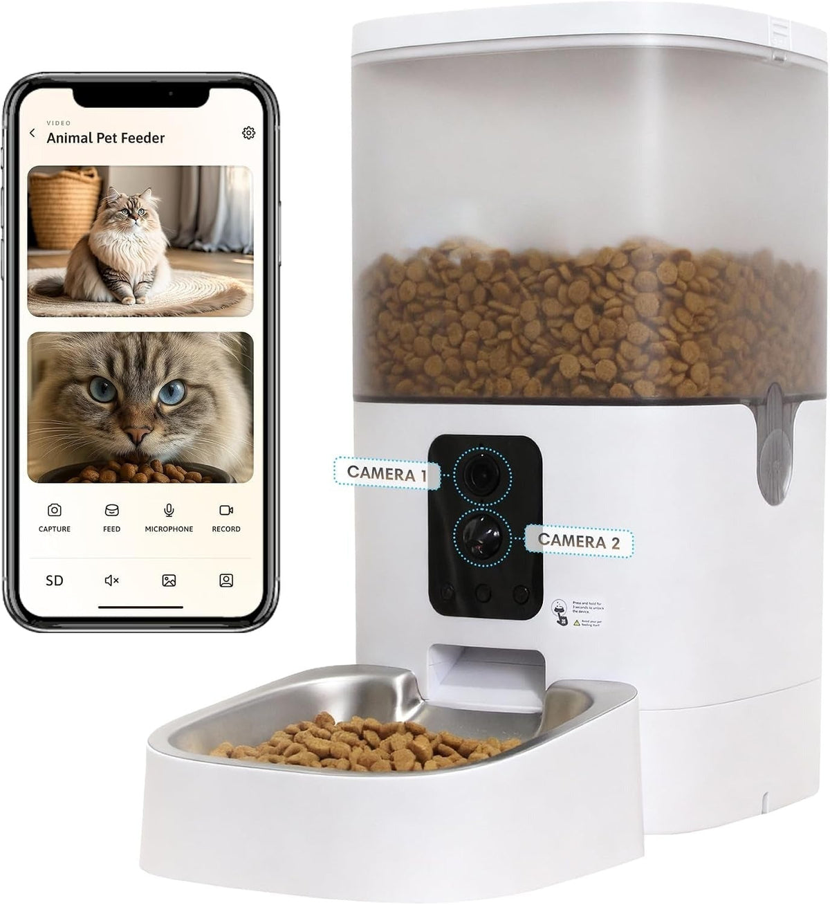 2K AI dual-camera smart pet feeder, 6L, with the app showing both camera views
