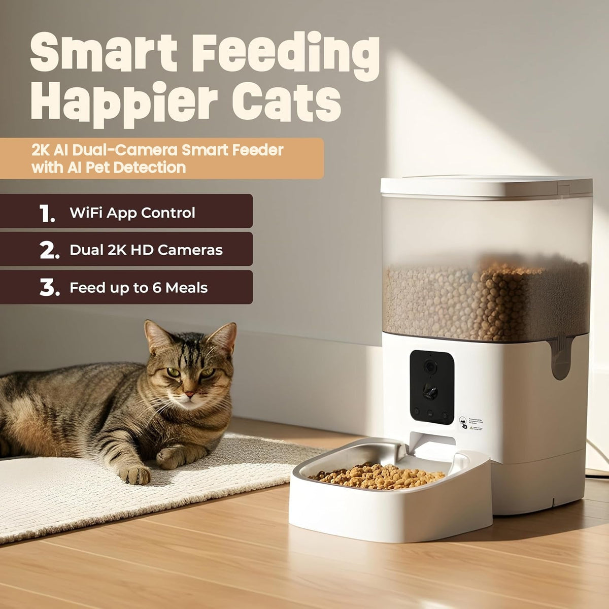 AI dual-camera feeder with its stainless steel bowl on a wooden floor