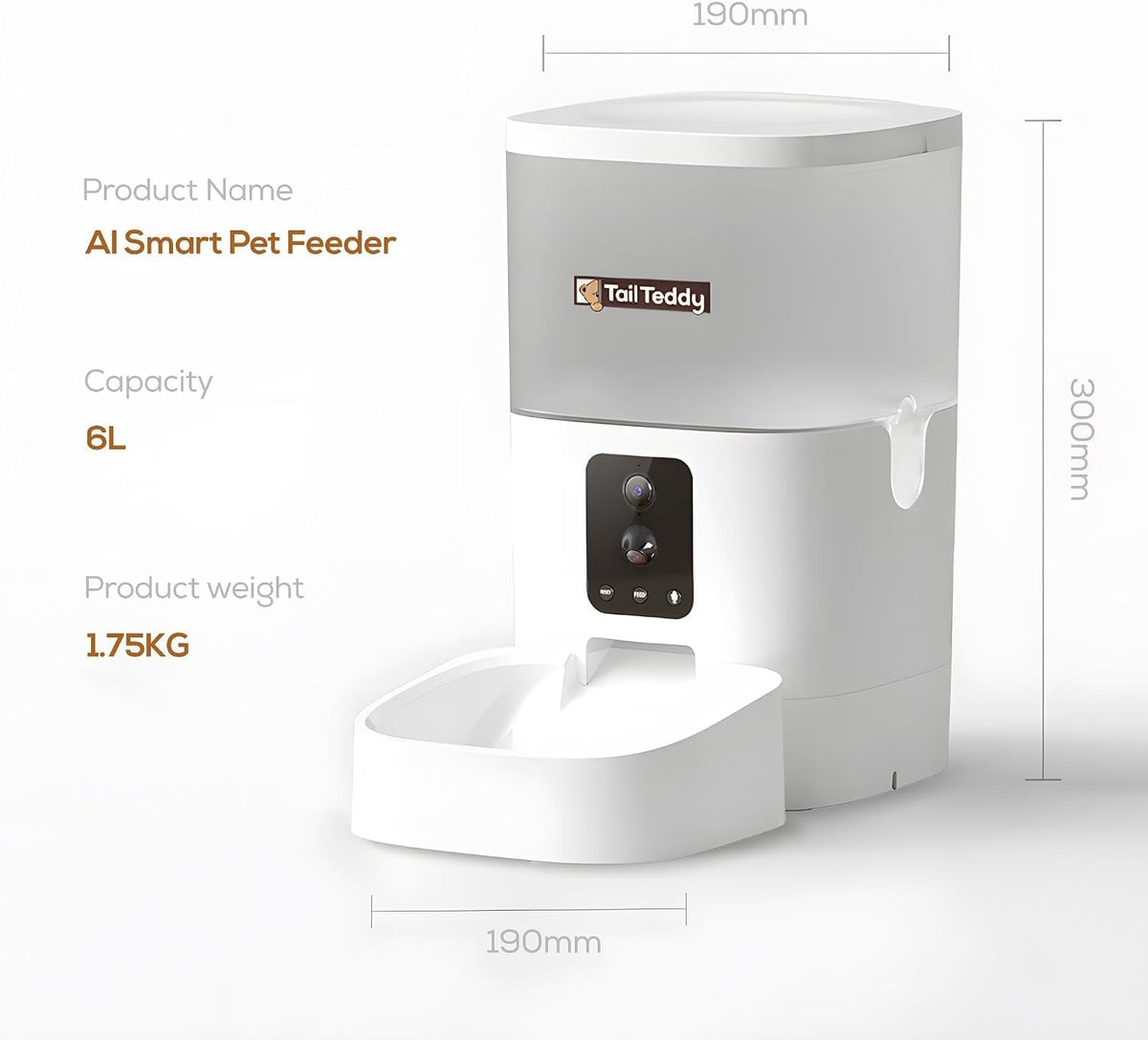 2K AI dual-camera smart pet feeder, 6L, dimensions