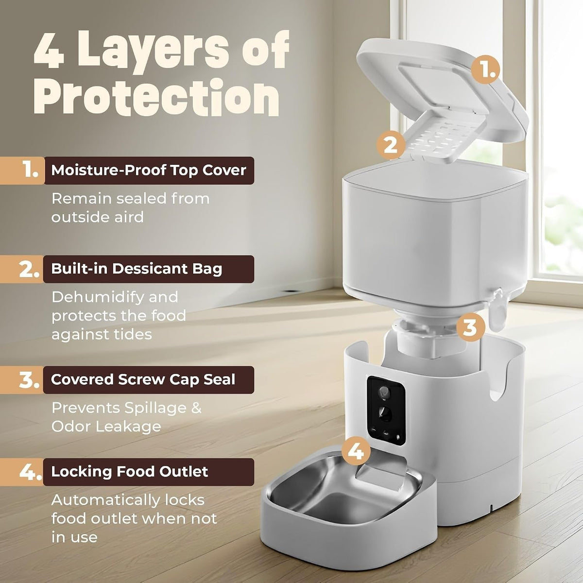 Four layers of freshness protection: top cover, desiccant bag, screw-cap seal, locking outlet