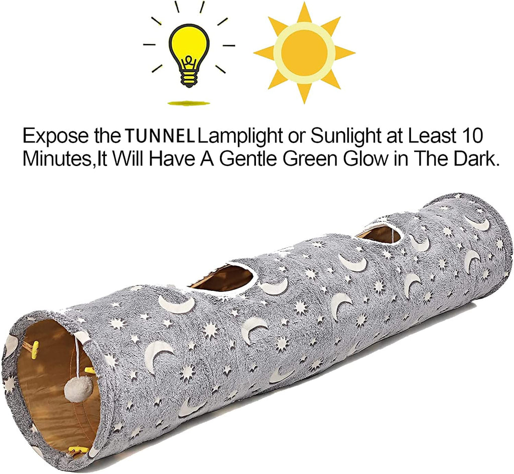 Cat Tunnel Tube with Plush Ball Toys Collapsible Self-Luminous Photoluminescence, for Small Animals Pets Bunny Rabbits, Kittens, Ferrets,Puppy and Dogs Grey Moon Star