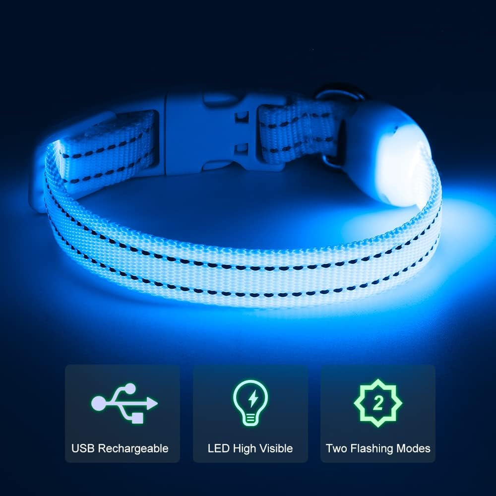 Light up Dog Collars - Reflective LED Dog Collar Rechargeable Puppy Collar Lighted Cat Collar Glow in the Dark Dog Lights for Small Dogs & Cats (X-Small, Blue)