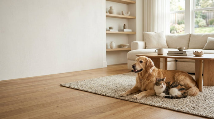 Dog and cat relaxing together on a rug at home