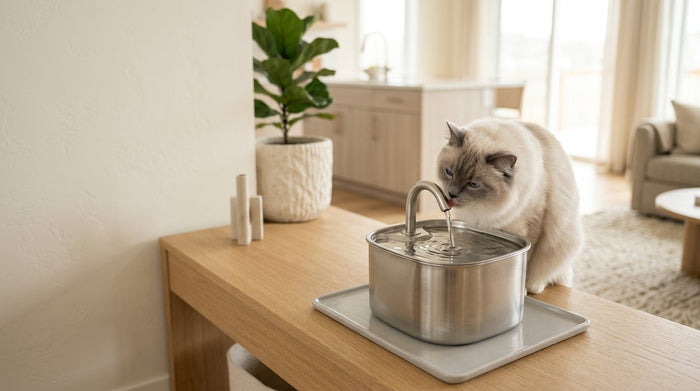 Fluffy cat drinking from a water fountain in a bright home
