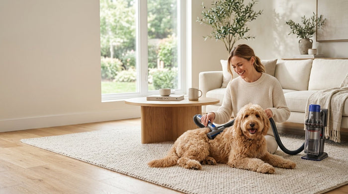 Woman brushing a happy dog on a rug in a bright living room
