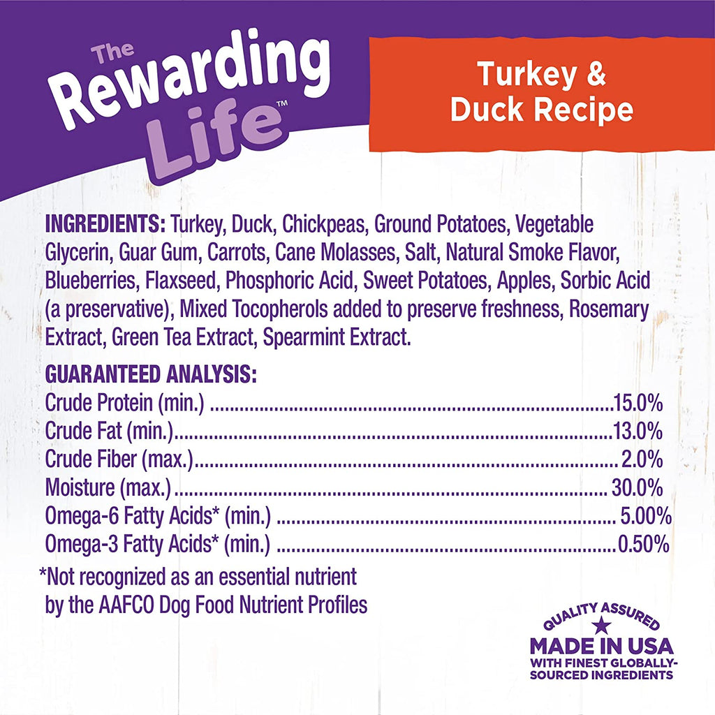 Rewarding Life Grain-Free Soft Dog Treats, Made in USA with Healthy Ingredients, Ideal for Training (Turkey & Duck Recipe, 6-Ounce Bag)