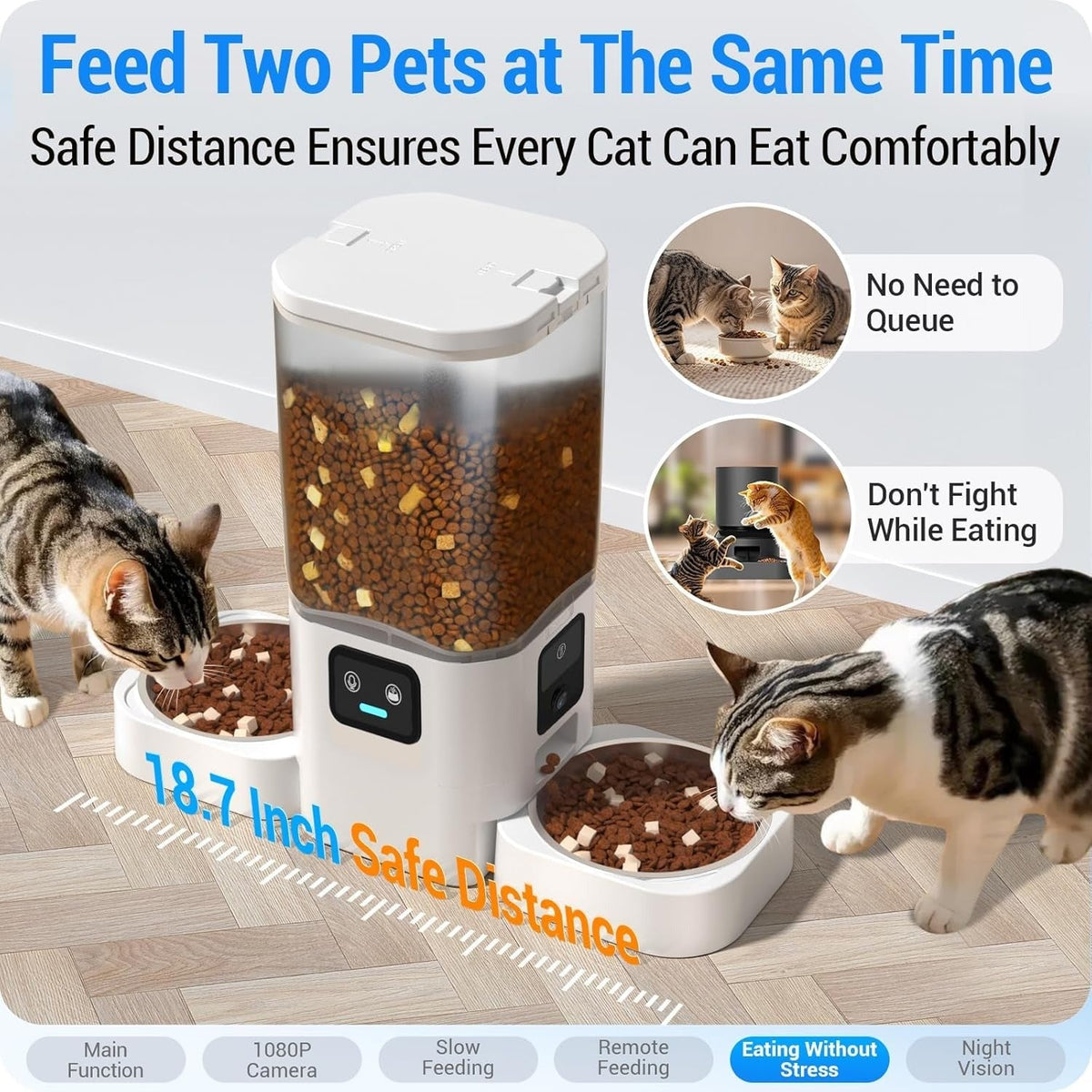 Two cats eating side by side from the dual-bowl feeder, bowls 18.7 inches apart