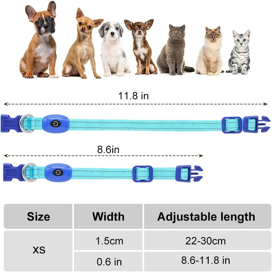 Light up Dog Collars - Reflective LED Dog Collar Rechargeable Puppy Collar Lighted Cat Collar Glow in the Dark Dog Lights for Small Dogs & Cats (X-Small, Blue)